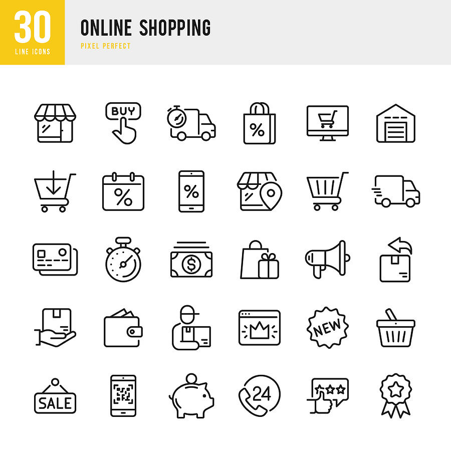 Online Shopping - thin linear vector icon set. Pixel perfect. The set contains icons such as Shopping, E-Commerce, Store, Discount, Shopping Cart, Delivering, Wallet, Courier and so on. Drawing by Fonikum Online Shopping - thin linear vector icon set. Pixel perfect. The set contains icons such as Shopping, E-Commerce, Store, Discount, Shopping Cart, Delivering, Wallet, Courier and so on. Drawing by Fonikum