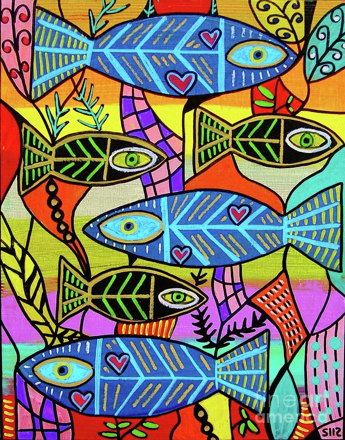 Onyx Sapphire Prism Fish Painting by Sandra Silberzweig