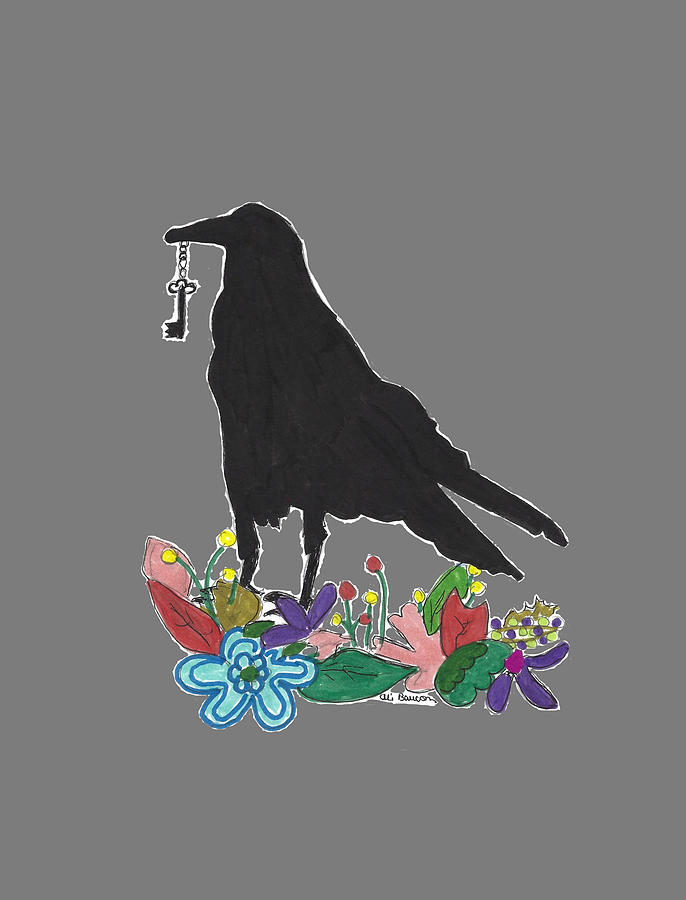 Oooh Shiny Raven Holding a Key Standing on a Bed of Flowers Drawing by Ali Baucom