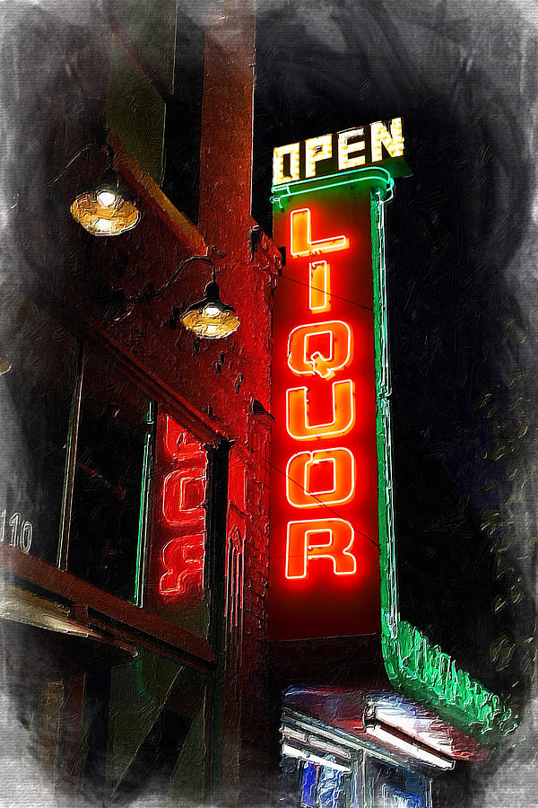 Open Liquor Store Neon Sign Bar Art Painting by Tony Rubino