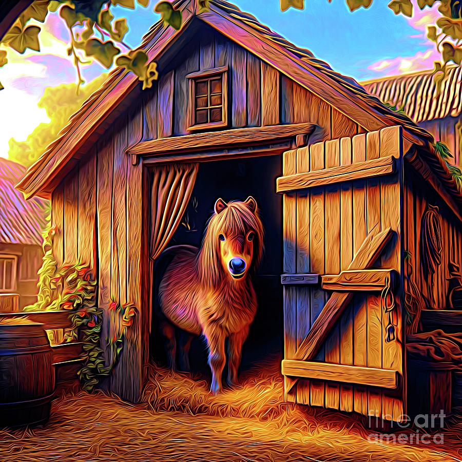 Open Rustic Barn Door and Pony Expressionism Effect Digital Art by Rose Santuci-Sofranko