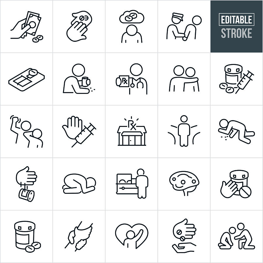 Opioid Addiction and Recovery Thin Line Icons - Editable Stroke Drawing by Appleuzr