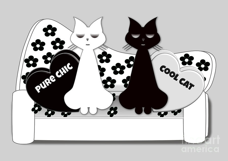 Black and White Cats on a Fifties Style Vintage Sofa Digital Art by Barefoot Bodeez Art
