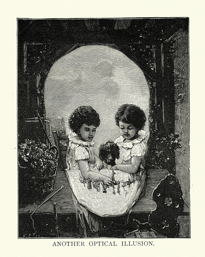 Optical illusion, Two children and dog, form a skull shape, Victorian Drawing by Duncan1890 Optical illusion, Two children and dog, form a skull shape, Victorian Drawing by Duncan1890