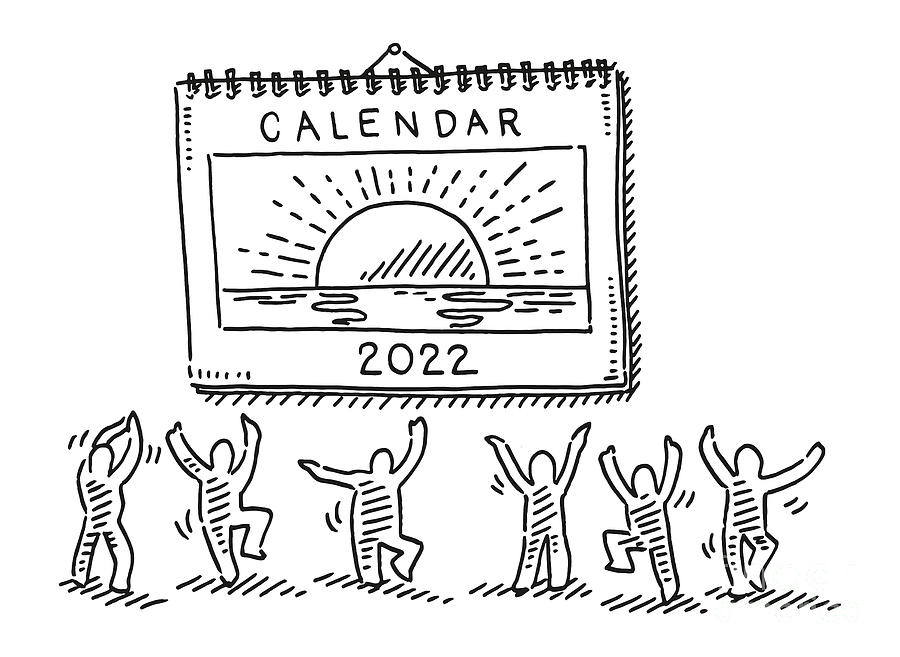 Black And White Drawing - Optimistic Future Calendar Happy Figures Drawing by Frank Ramspott