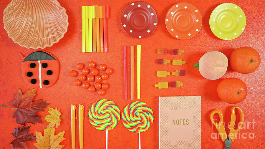 Orange aesthetic Back to School theme creative layout flat lay. Photograph by Milleflore Images