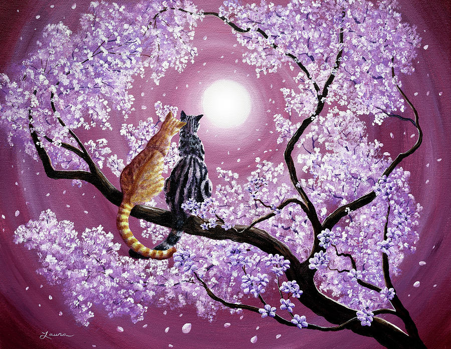Orange and Gray Tabby Cats in Cherry Blossoms Painting by Laura Iverson