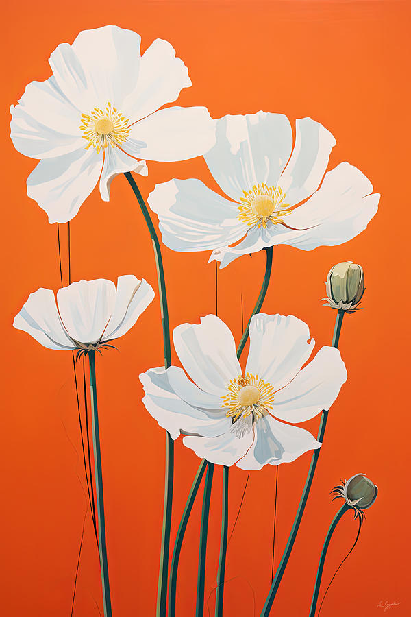 Turquoise And Orange Painting - Orange and White Floral Artwork by Lourry Legarde