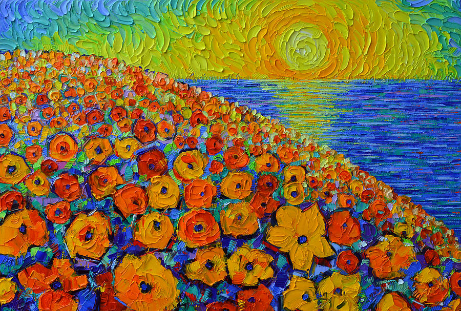 ORANGE AND YELLOW POPPIES BY THE OCEAN AT SUNRISE palette knife oil painting by Ana Maria Edulescu Painting by Ana Maria Edulescu
