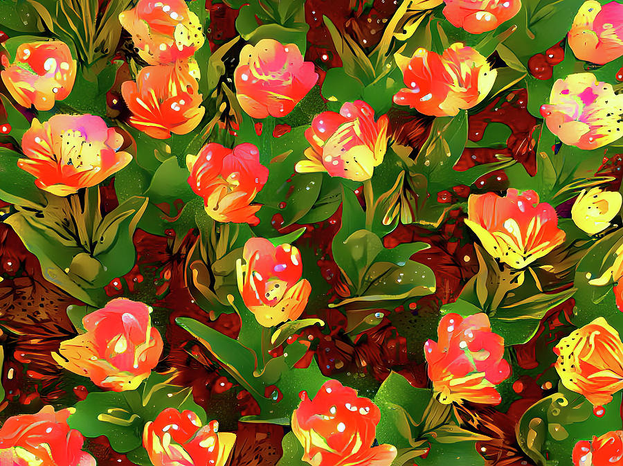 Riot of Orange and Yellow Tulips Digital Art by Deborah League