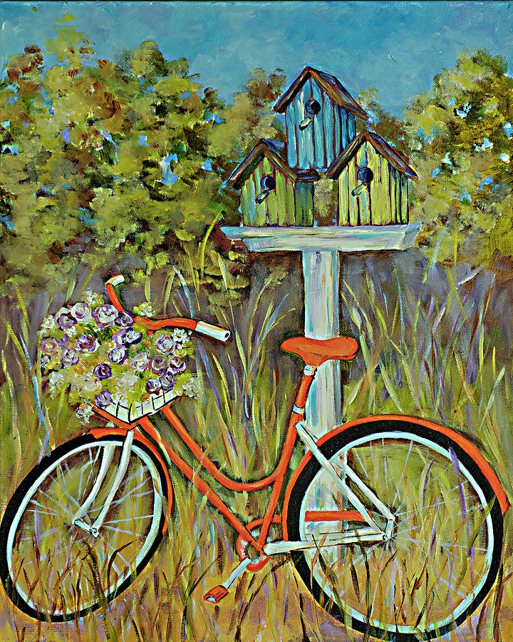 Orange Bike with Bird Houses Painting by Wendy Provins