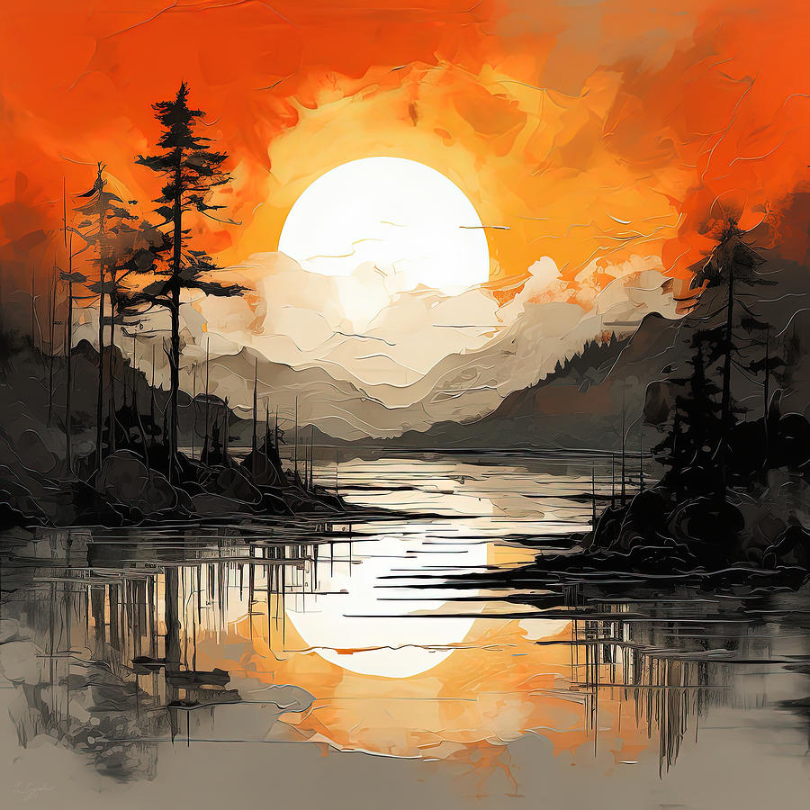 Moonlit Landscape Painting - Orange Black and White Art by Lourry Legarde