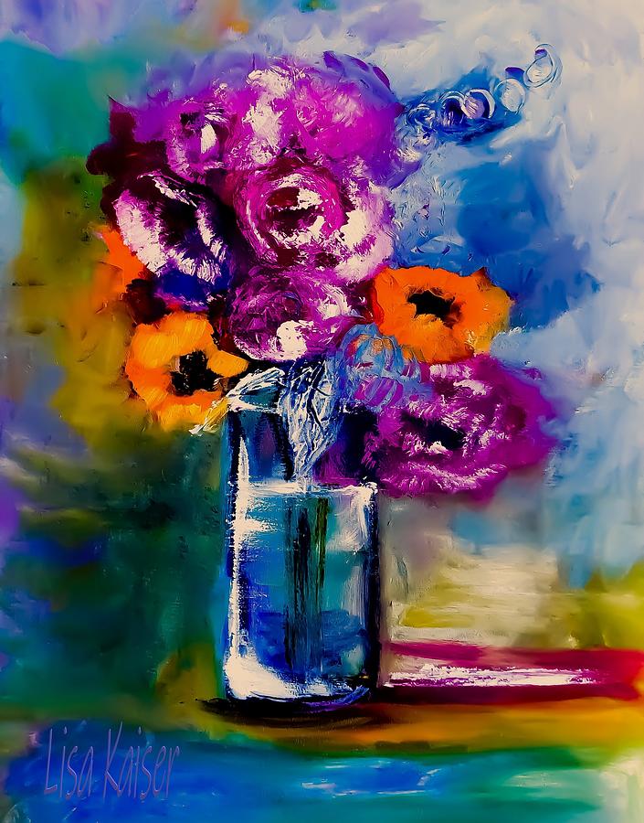 Orange Blue Violet Floral Painting by Lisa Kaiser