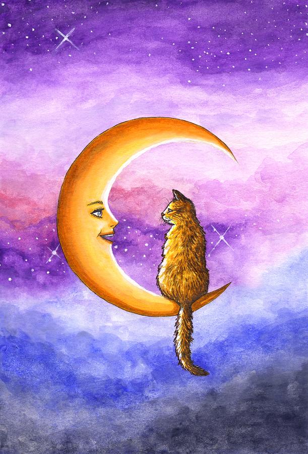 Orange Cat on Moon 673 Mixed Media by Lucie Dumas
