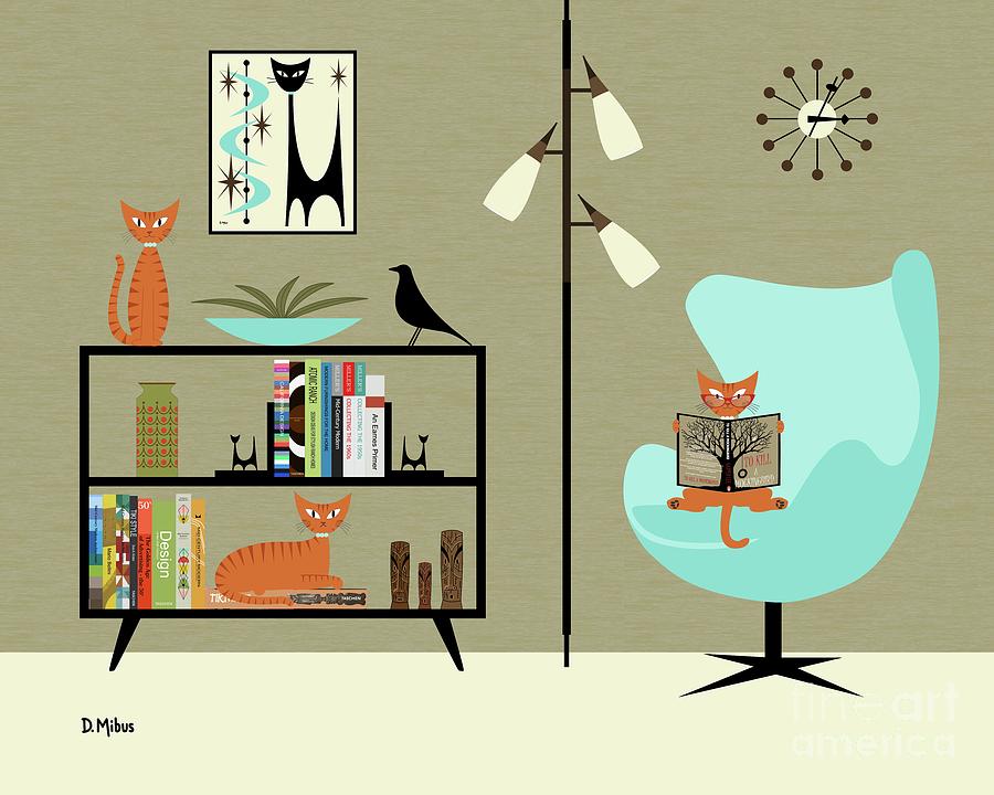 Orange Cat Reading in Tiffany Blue Chair Digital Art by Donna Mibus