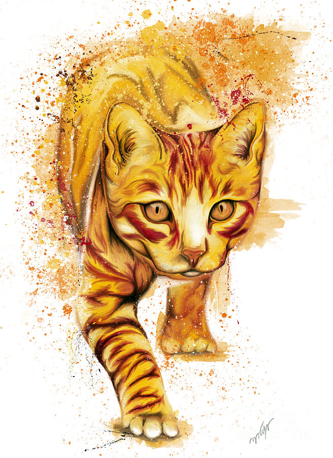 Orange chasing cat splatter painting, watercolor cat,  Painting by Nadia CHEVREL