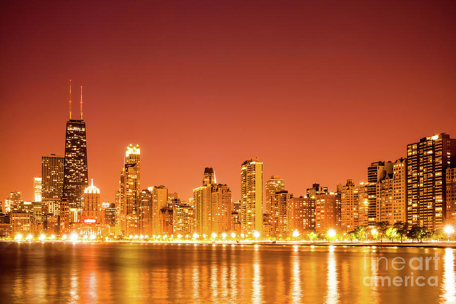 Orange Chicago Skyline at Night Photo Photograph by Paul Velgos
