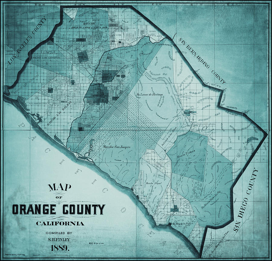 Vintage Photograph - Orange County California Vintage Map 1889 Blue by Carol Japp