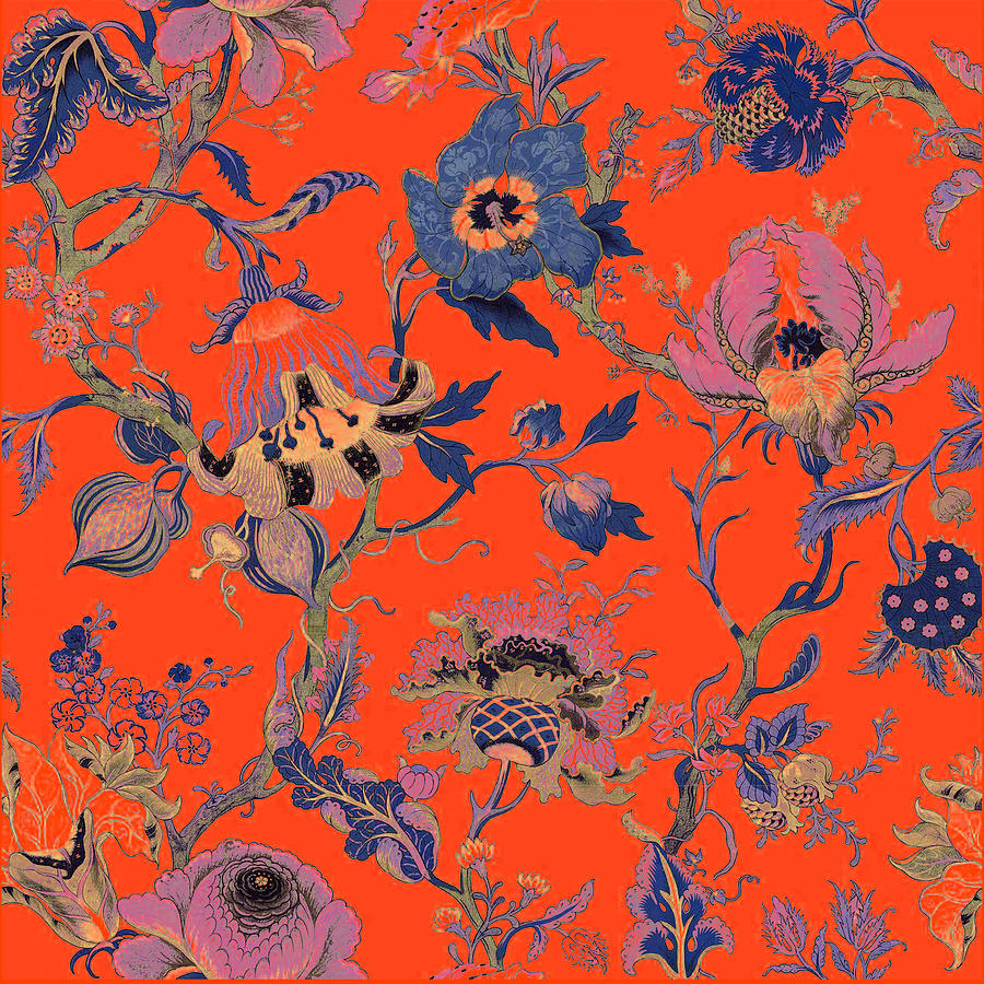 Orange Floral Wallpaper Tapestry - Textile by Brittany Hogan