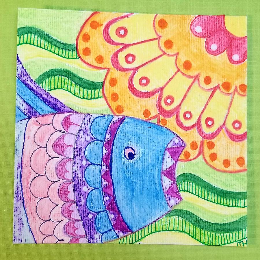 Fish Painting - Orange flower with Blue Fish on Green Waves by Monica Habib