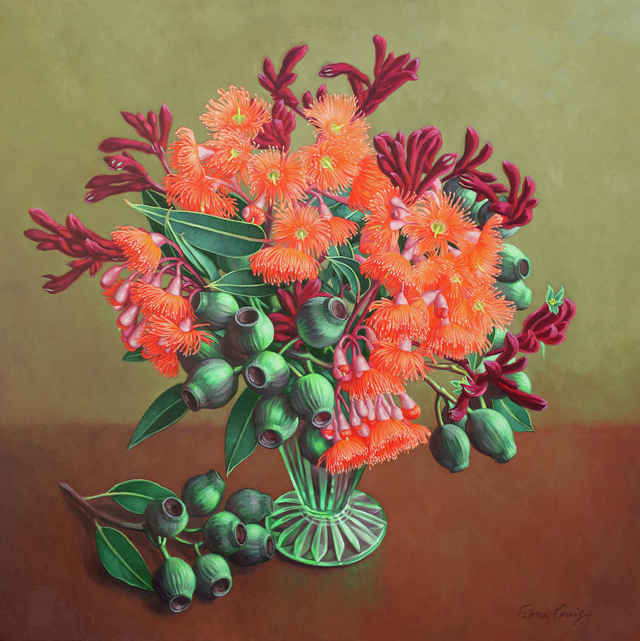 Gumnuts Painting - Orange Flowering Gum, Still Life by Fiona Craig
