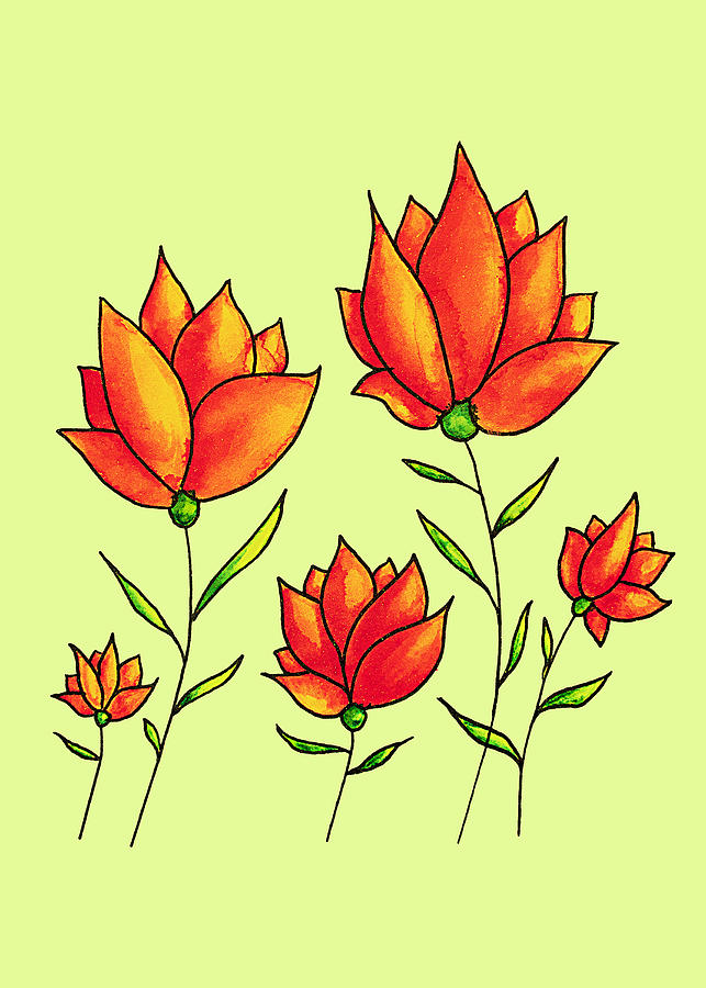Orange Flowers In Green Spring Watercolor Drawing by Boriana Giormova