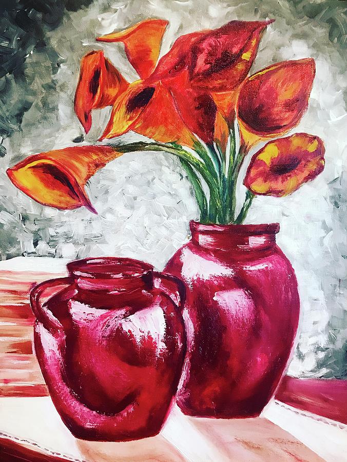 Orange flowers in the red vase  Painting by Tetiana Bielkina