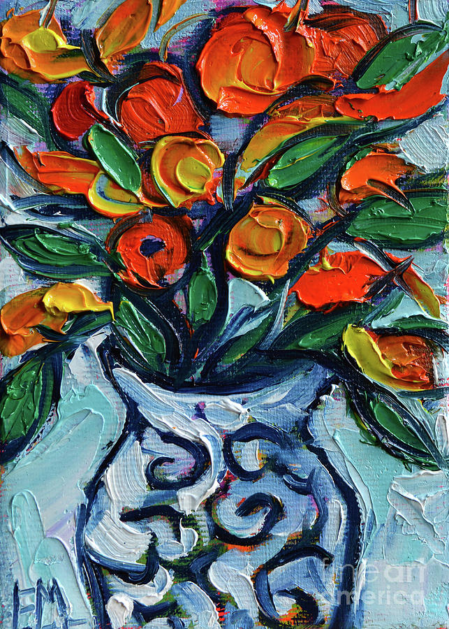 Flower Painting - ORANGE FLOWERS IN WHITE VASE - abstract miniature palette knife oil painting by Mona Edulesco