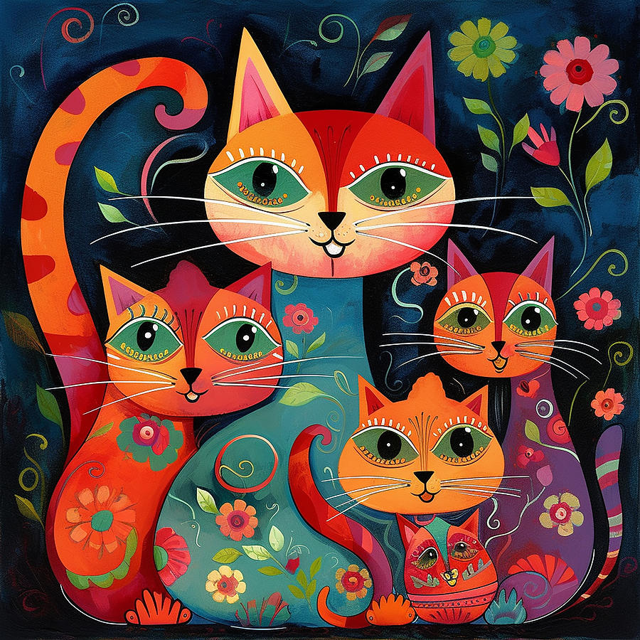 Orange Folk Art Cat Family Digital Art by Lorray Designs - Fine Art America
