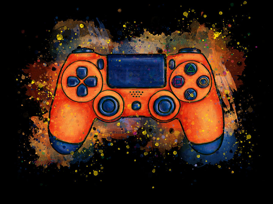 Orange game controller splatter art, gaming Painting by Nadia CHEVREL