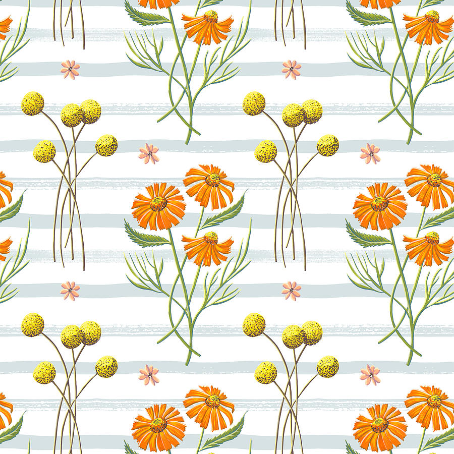 Orange Happy Floral and Stripe Pattern - Art by Jen Montgomery Painting by Jen Montgomery