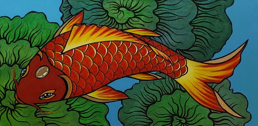 Orange Koi with Green Thought Flowers Painting by Bryon Stewart