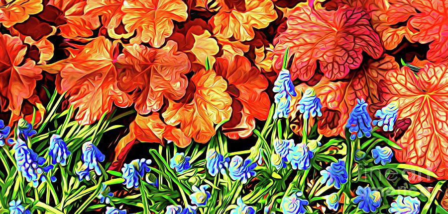 Orange Leaves and Grape Hyacinth Flowers Abstract Expressionist Effect Photograph by Rose Santuci-Sofranko