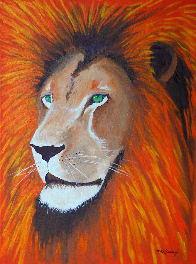 Lion Painting - Orange Lion Green Eyes by John Sweeney