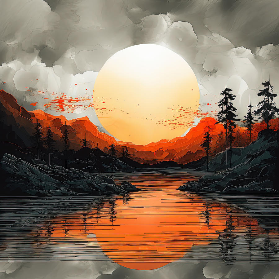 Moonlit Landscape Painting - Orange Modern Landscapes by Lourry Legarde