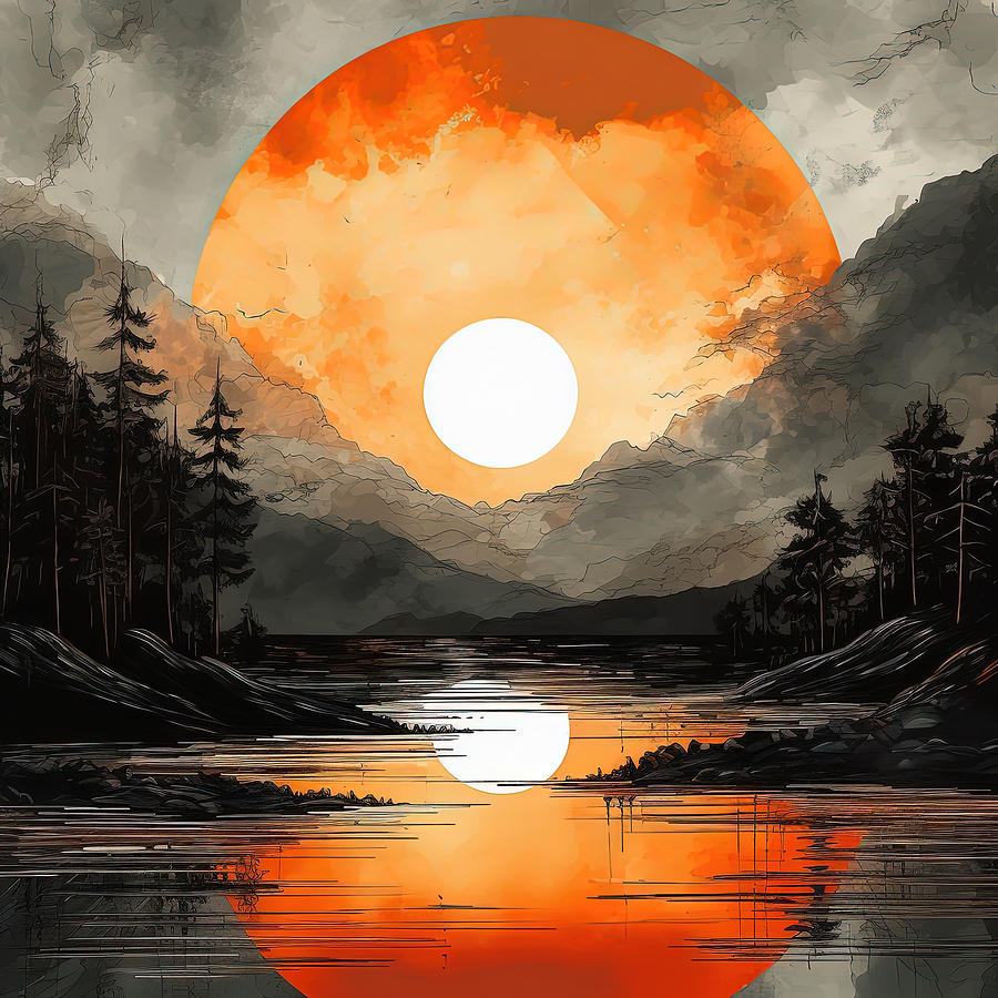 Moonlit Landscape Painting - Orange Moonlight by Lourry Legarde