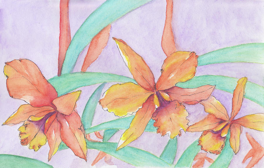 Orange Orchids Painting by Anne Katzeff