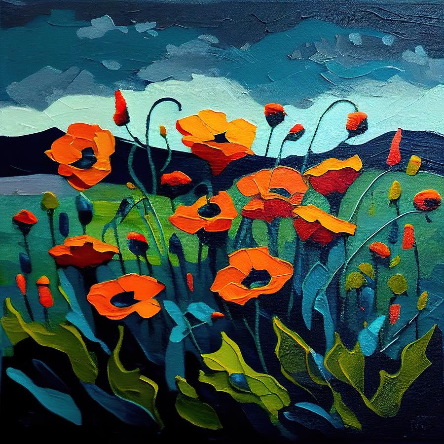 Abstract Painting - Orange Poppies by My Head Cinema