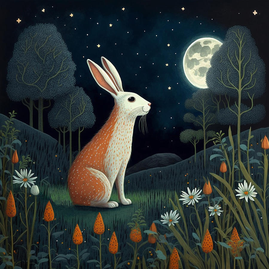 Rabbit Digital Art - Orange Rabbit in the Moonlight by Sheryl Karas