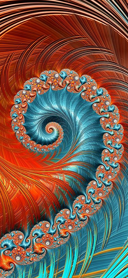 Orange Red Dark Turquoise Fractal Spiral Digital Art by Mo Barton