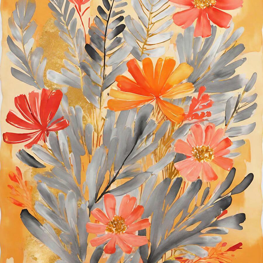 Orange, Silver and Gray Floral Mixed Media by Bonnie Bruno
