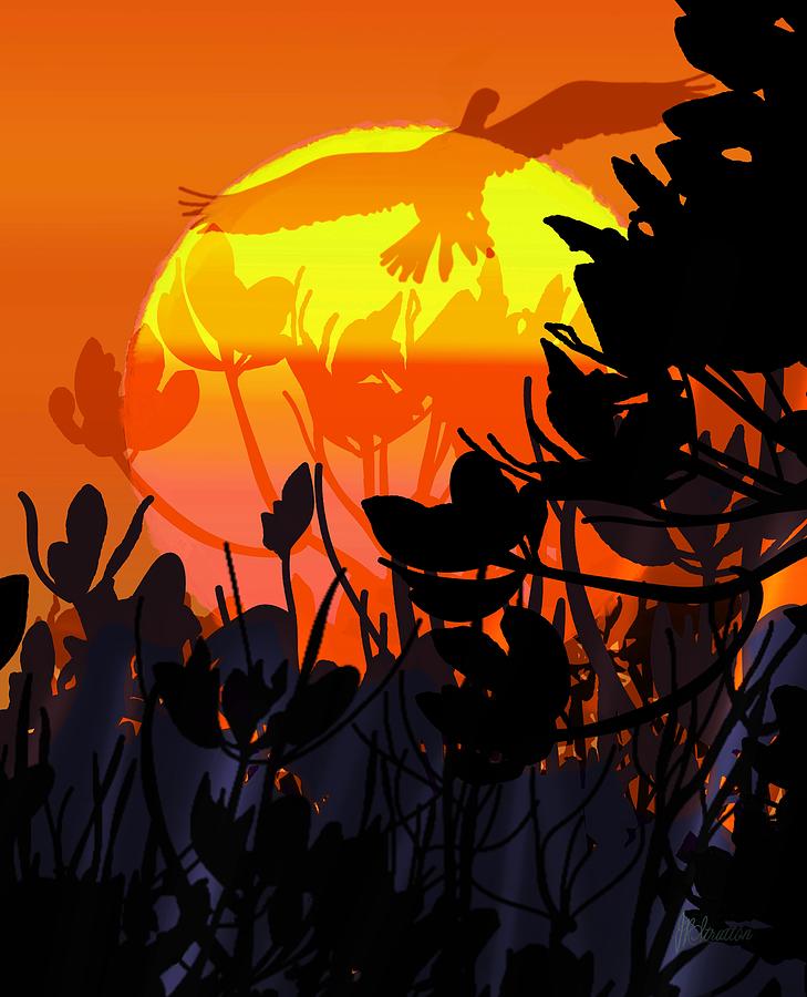 Orange Sky Cormorant Flying Towards The Setting Sun Drawing by Joan Stratton