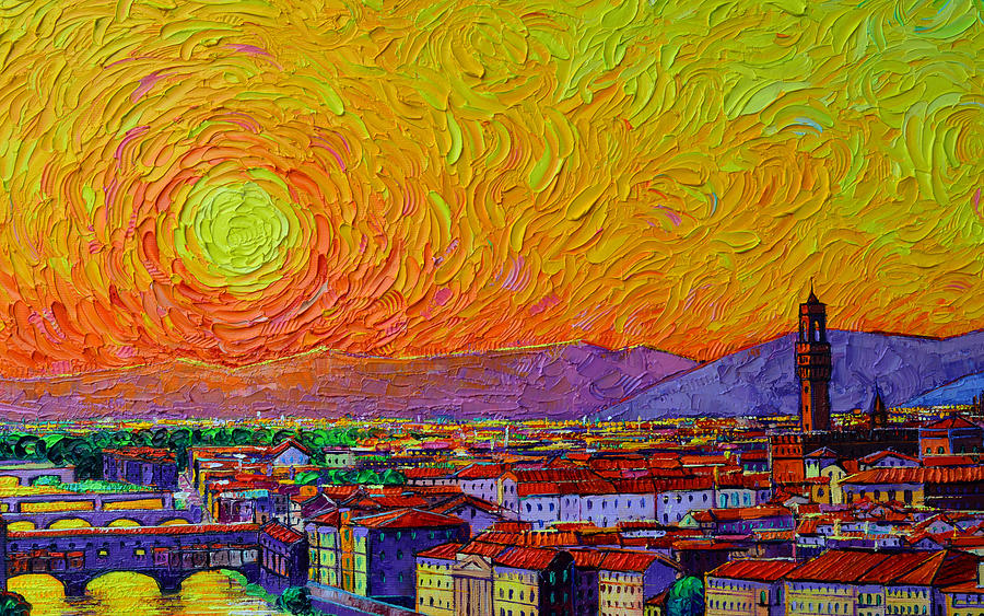 ORANGE SUNSET IN FIRENZE textural impasto commissioned palette knife oil painting Ana Maria Edulescu Painting by Ana Maria Edulescu
