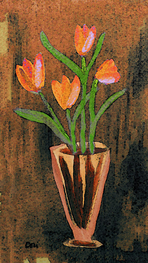 Orange Tulips in Vase Painting by Corinne Carroll