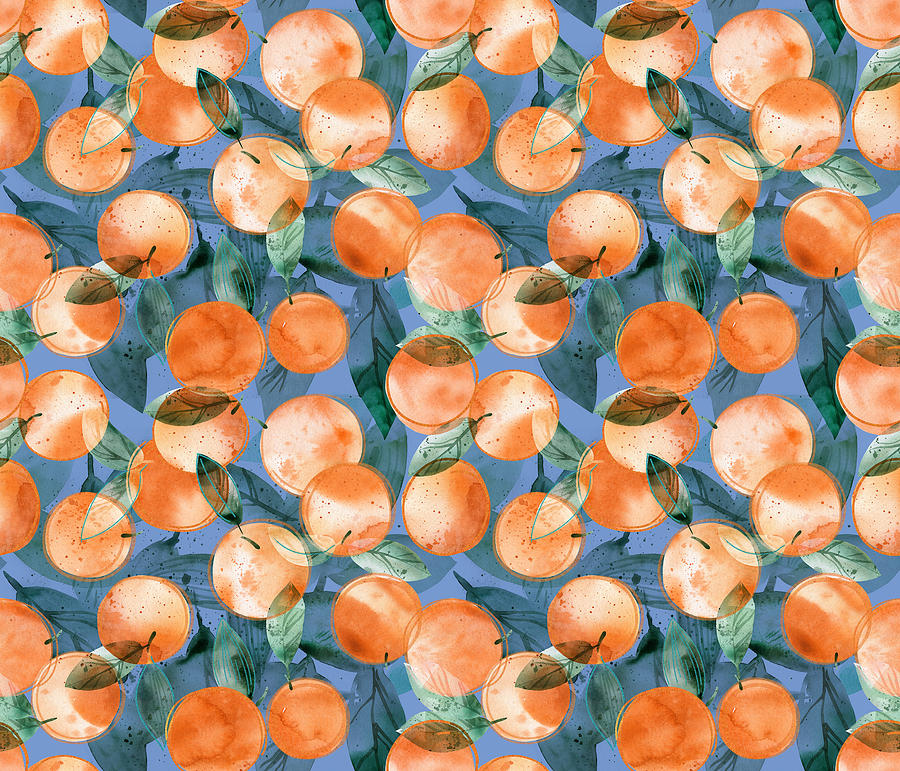 Oranges Seamless Pattern, Delicious Fruits Background. Watercolor Illustration Drawing