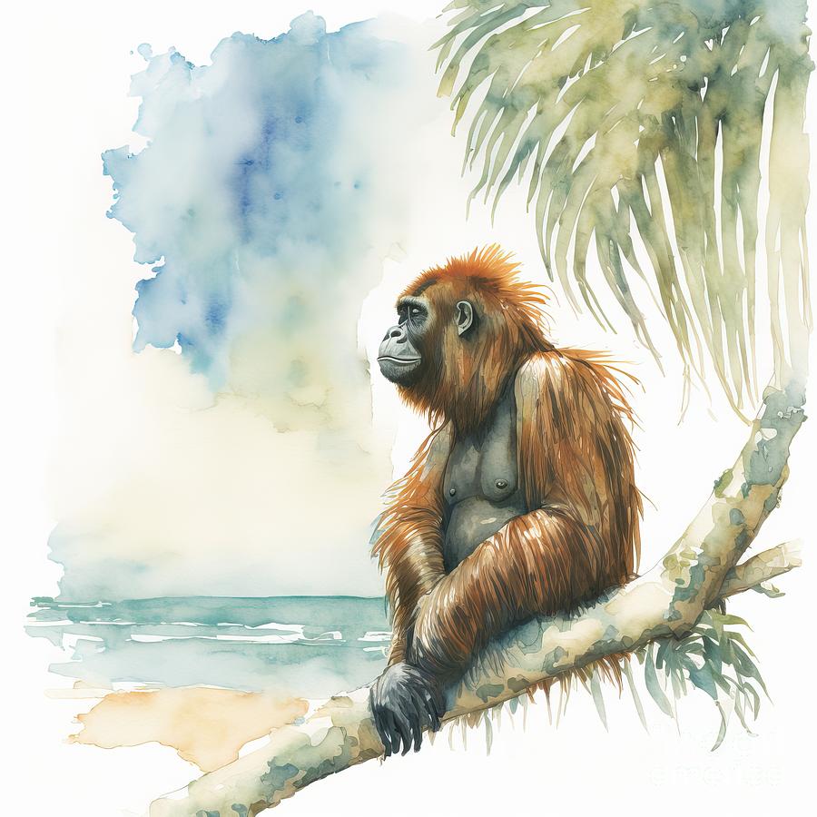Nature Painting - Orangutan At Beach by N Akkash