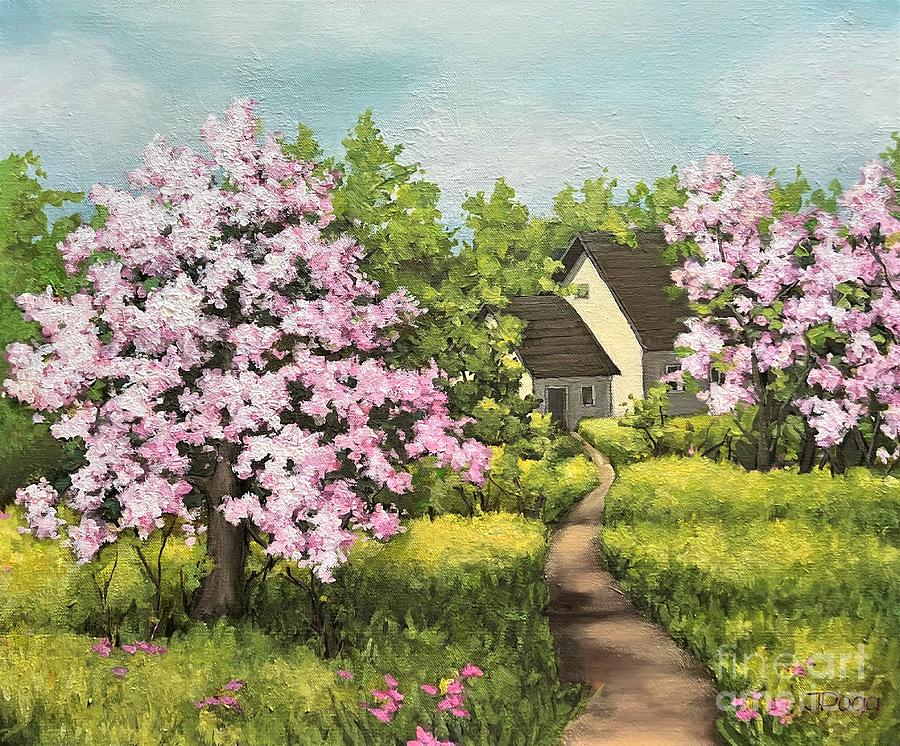 Orchard of blooming apple trees Painting by Inese Poga