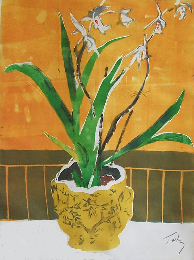 Orchid in Yellow Planter Painting by Thomas Tribby