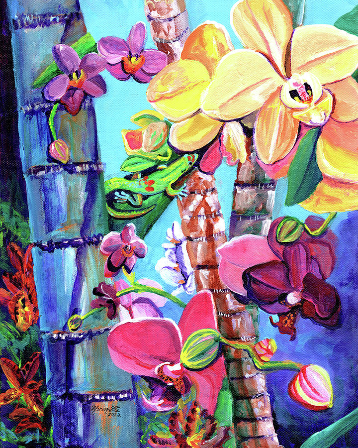 Orchids with Gold Dust Day Gecko Painting by Marionette Taboniar