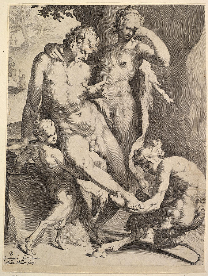 Oreads Removing a Thorn from a Satyrs Foot Drawing by Jan Muller